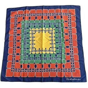 Vintage 1960's scarf silky acetate fabric 30” square mod navy green yellow